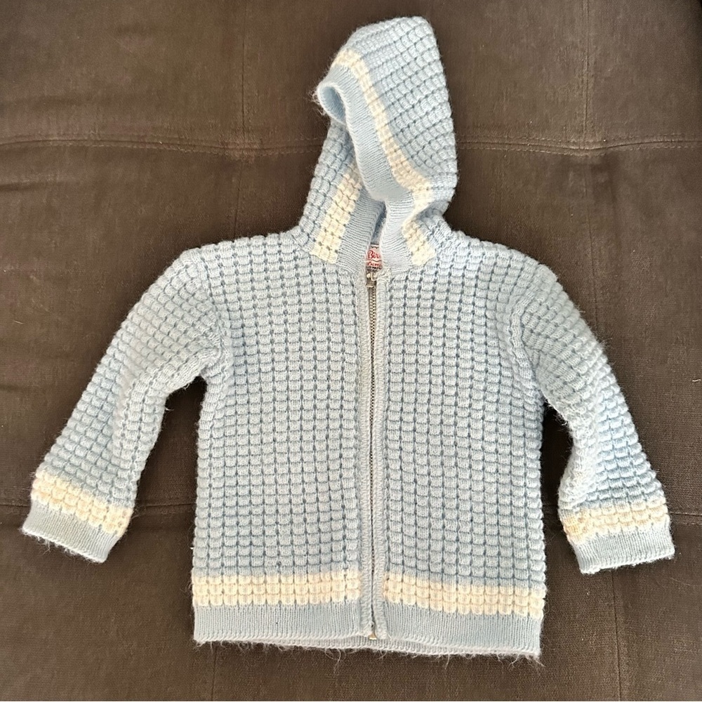 Blue Bird Light Blue Hooded Knit Sweater with Cream Trim
